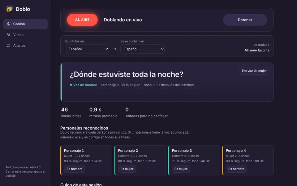 Panel de Doblo: la cabina con la línea que se está doblando y los personajes reconocidos